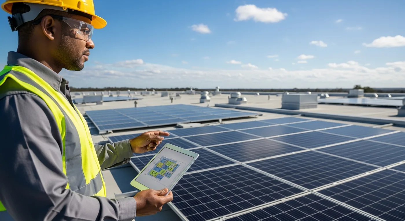 Engineer inspecting a commercial rooftop solar array