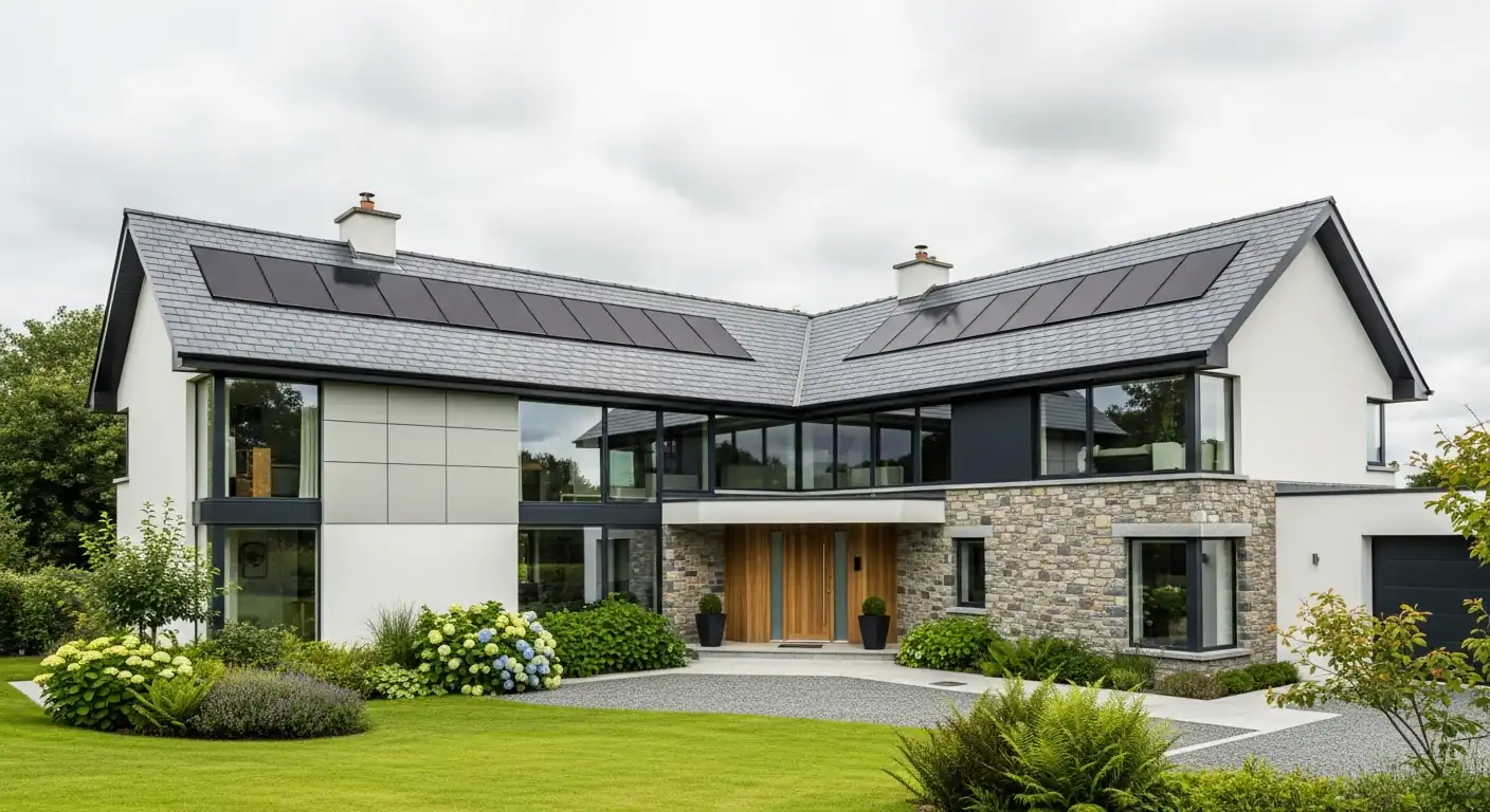 Solar panels installed on modern Irish home roof - Renewables Ireland